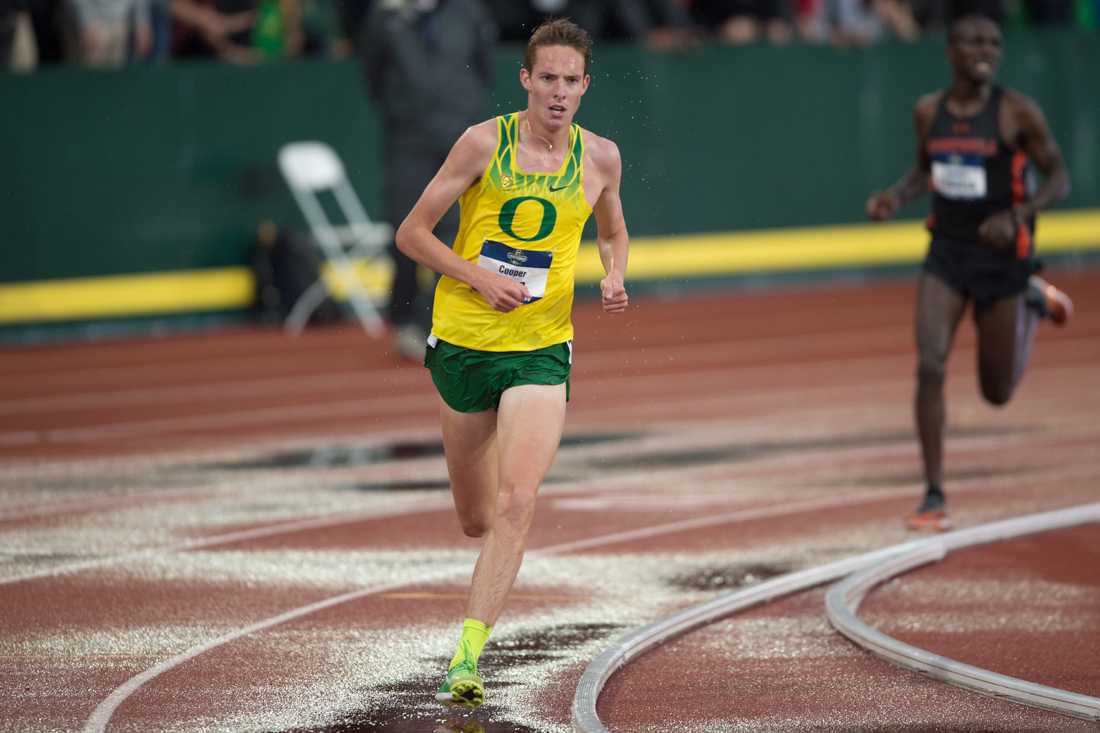 Oregon distance runner Cooper Teare races in the 5000m. The NCAA Track &amp; Field National Championships are held at Hayward Field in Eugene, Ore. on Friday, June 8, 2018. (Adam/Emerald)