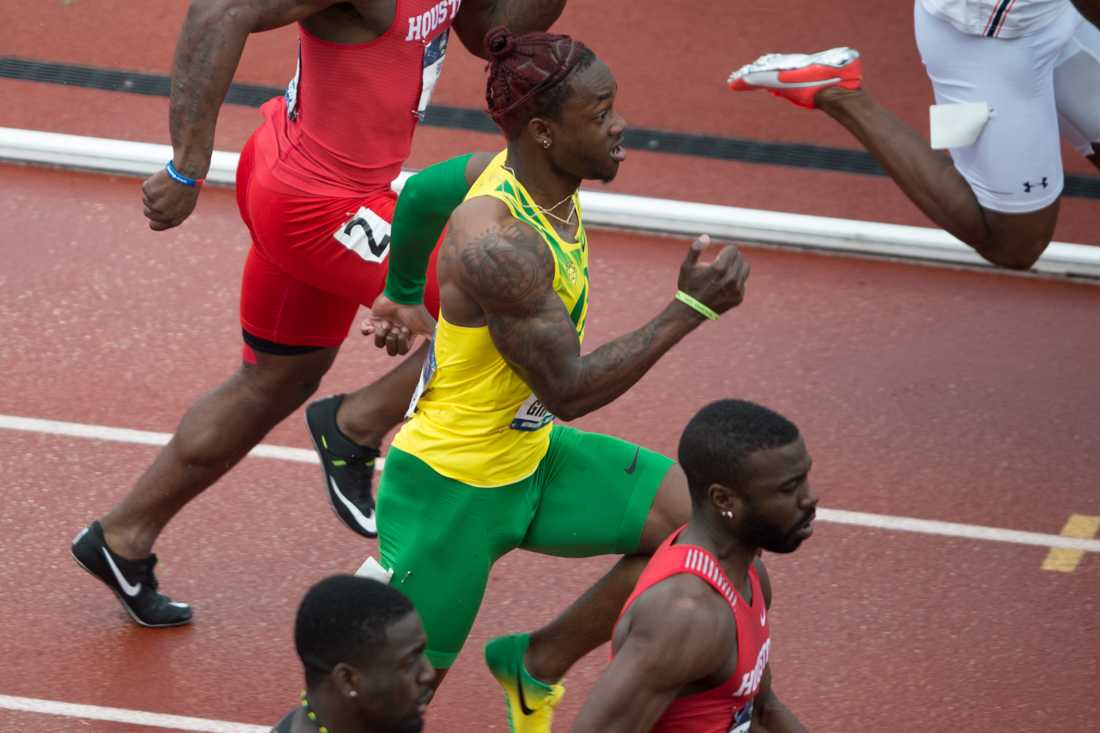 <p>Oregon sprinter Cravon Gillespie races in the 100m final. The NCAA Track & Field National Championships are held at Hayward Field in Eugene, Ore. on Friday, June 8, 2018. (Adam/Emerald)</p>