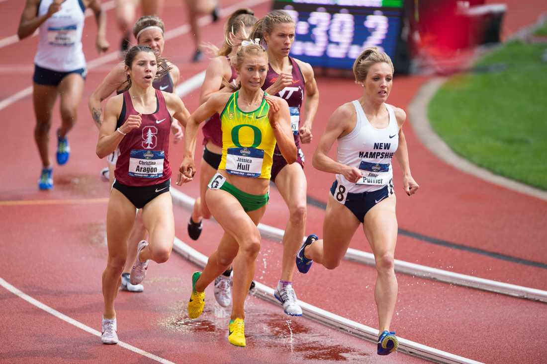 Oregon middle distance runner Jessica Hull races in the 1500m final. The NCAA Track &amp; Field National Championships are held at Hayward Field in Eugene, Ore. on Saturday, June 9, 2018. (Adam/Emerald)