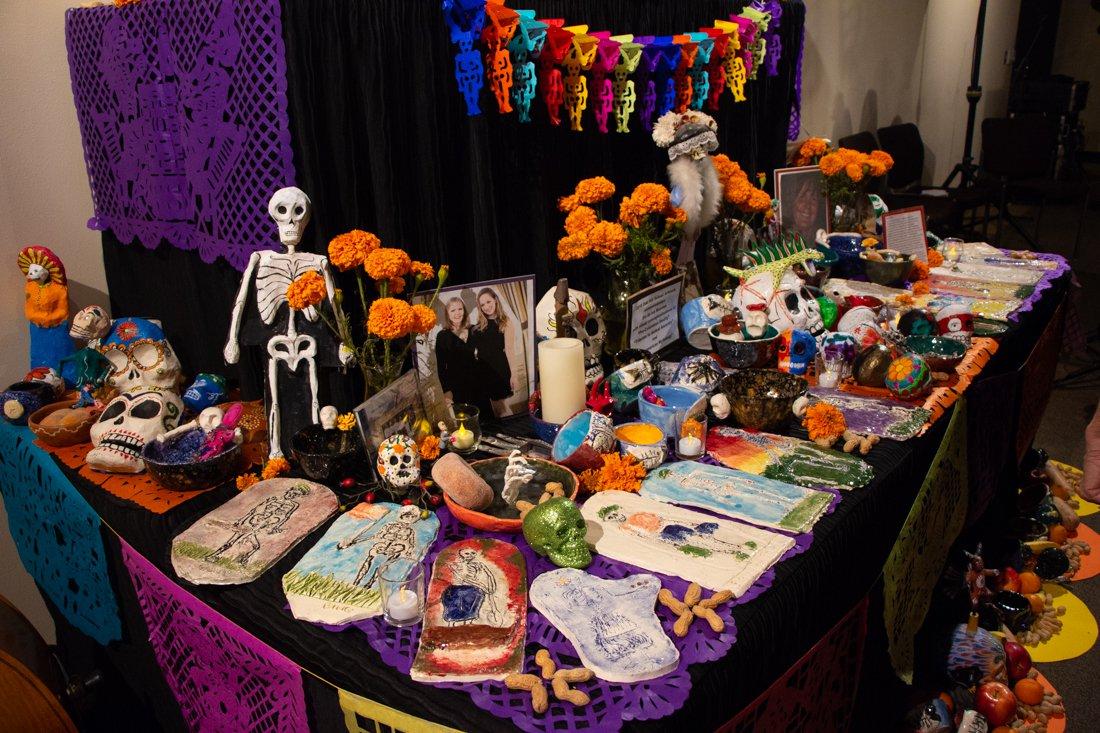 D&#237;a de Muertos altar made by Oak Hill School Students is displayed in the Pap&#233; Lecture Hall in the JSMA on Nov. 1, 2018. (Maddie Knight/Emerald)