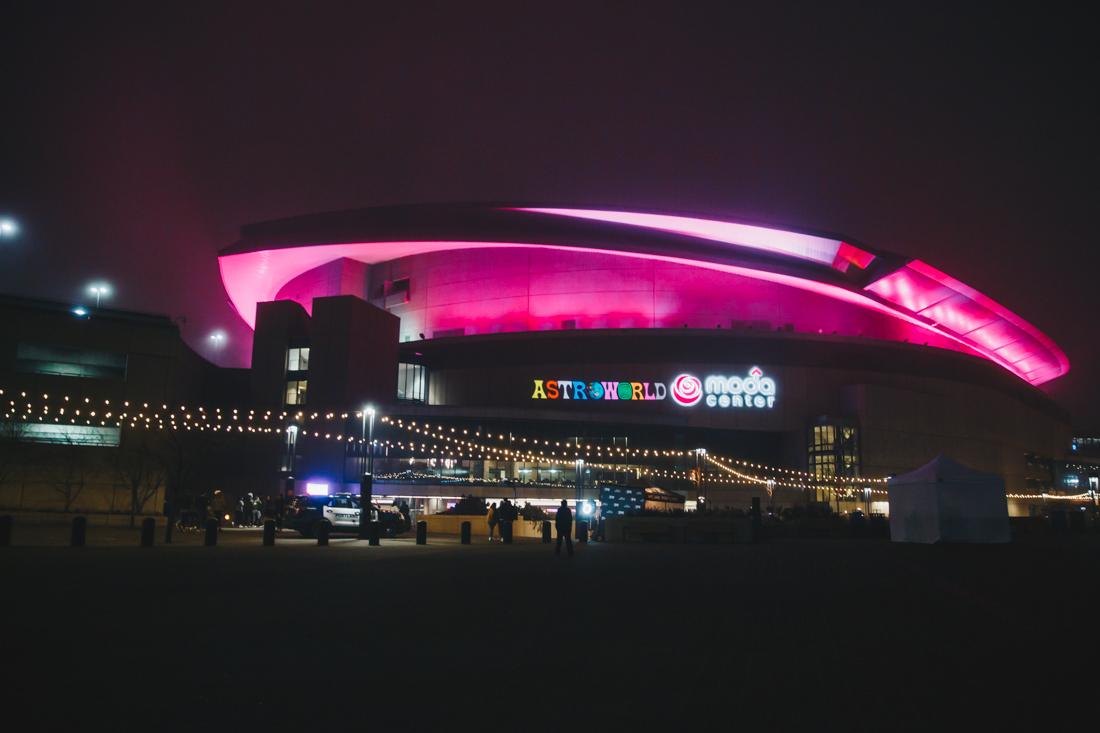 <p>The Moda Center lights up with the 'Astroworld' logo. Rapper Travis Scott brings a second iteration of his Astroworld 'Wish You Were Here' tour to Portland on Jan. 27, 2019. (Sarah Northrop/Emerald)</p>