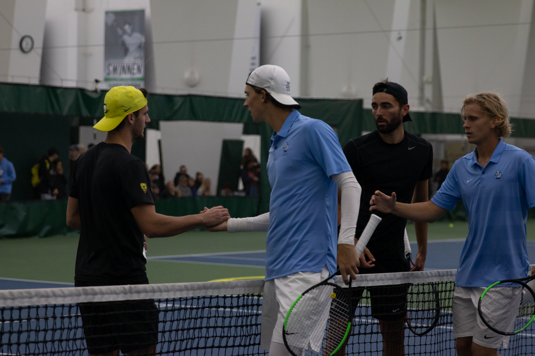 The Oregon Ducks face the San Diego Toreros at the Oregon Student Tennis Center in Eugene, Ore. on February 1, 2019. (Maddie Knight/Emerald)