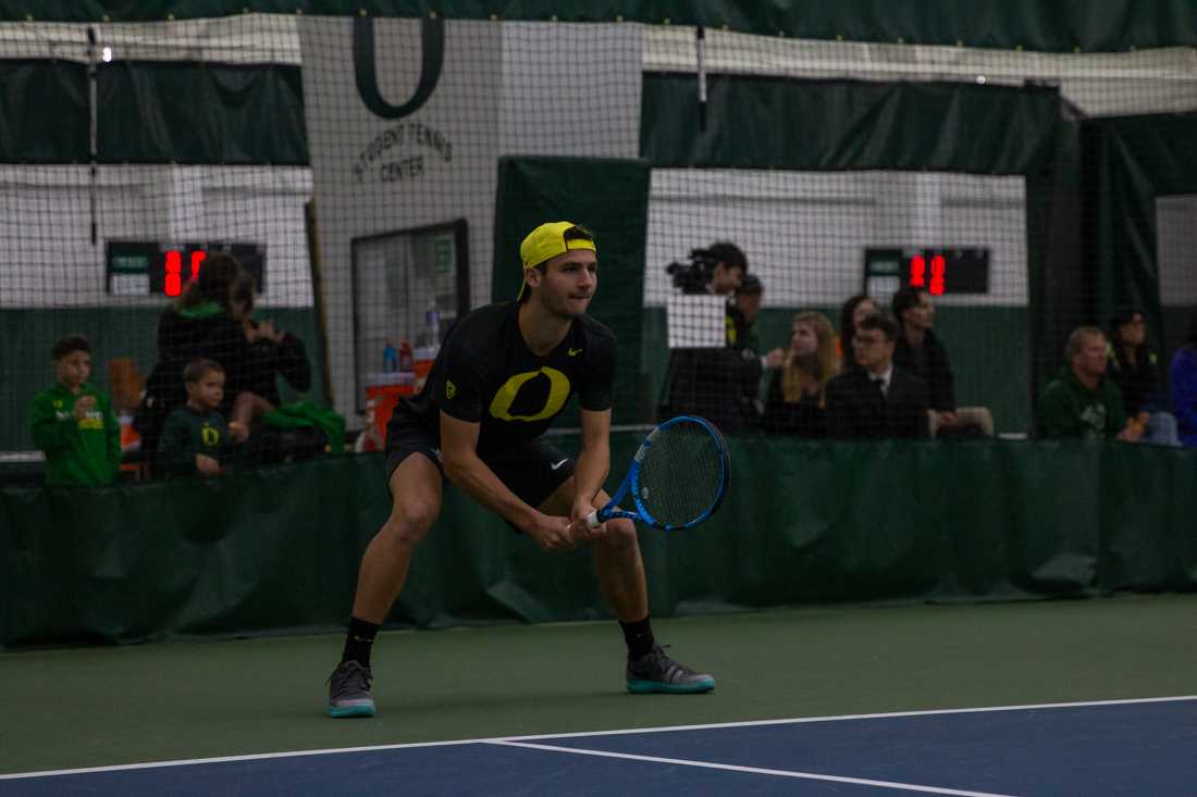 The Oregon Ducks face the San Diego Toreros at the Oregon Student Tennis Center in Eugene, Ore. on February 1, 2019. (Maddie Knight/Emerald)