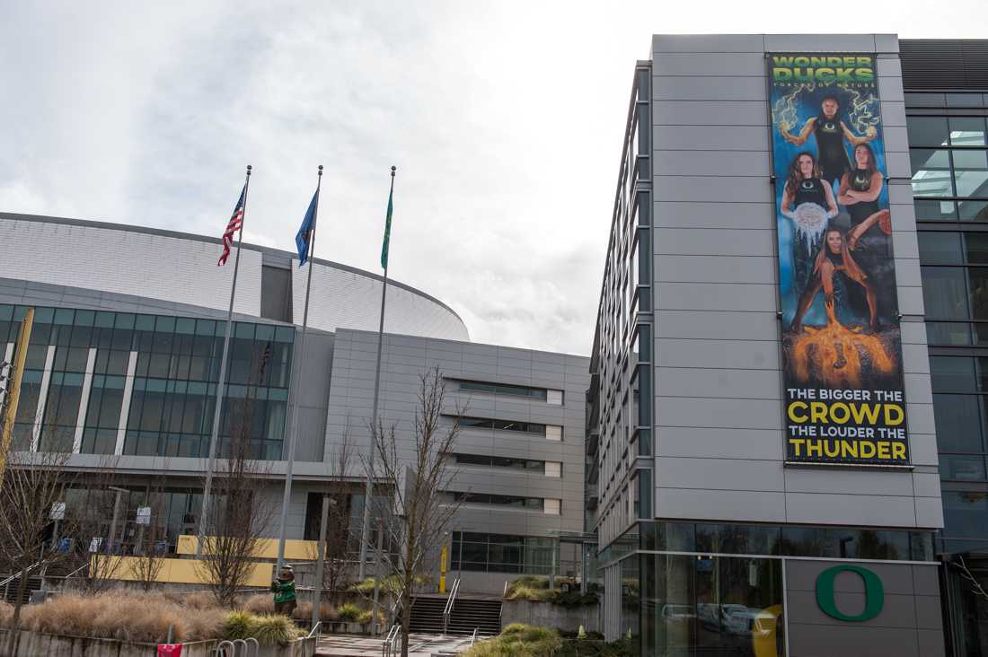 The Wonder Ducks campaign banner hangs outside the Ford Alumni Center on University of Oregon campus.