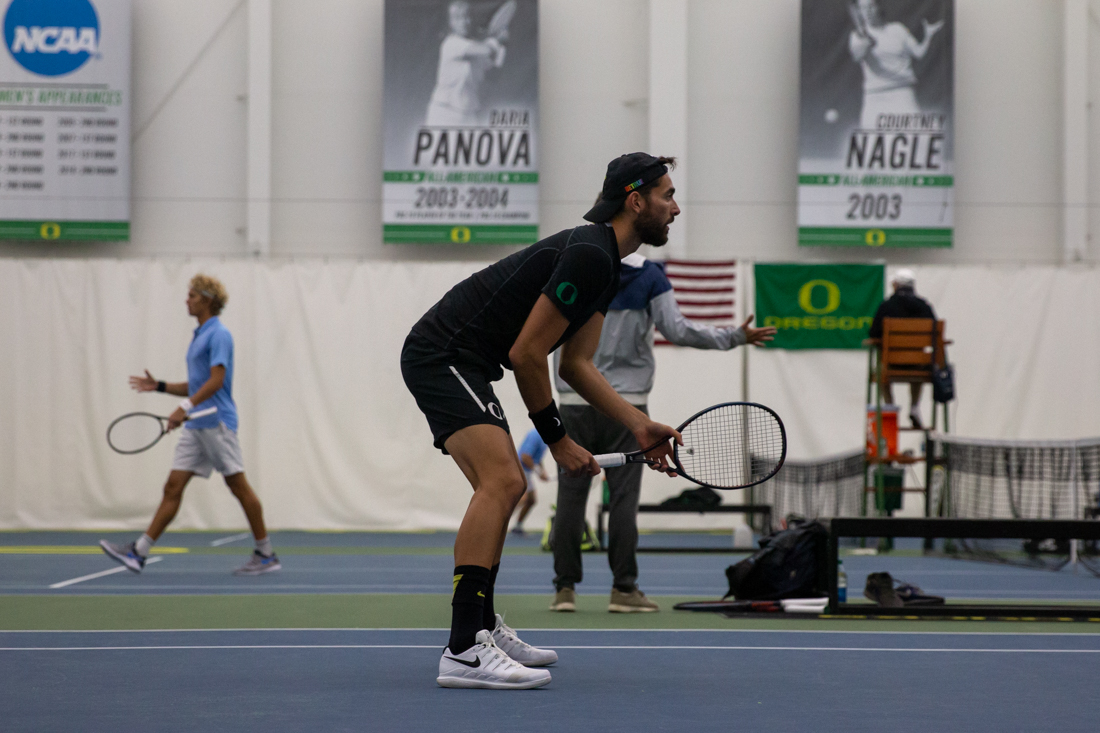 The Oregon Ducks face the San Diego Toreros at the Oregon Student Tennis Center in Eugene, Ore. on February 1, 2019. (Maddie Knight/Emerald)