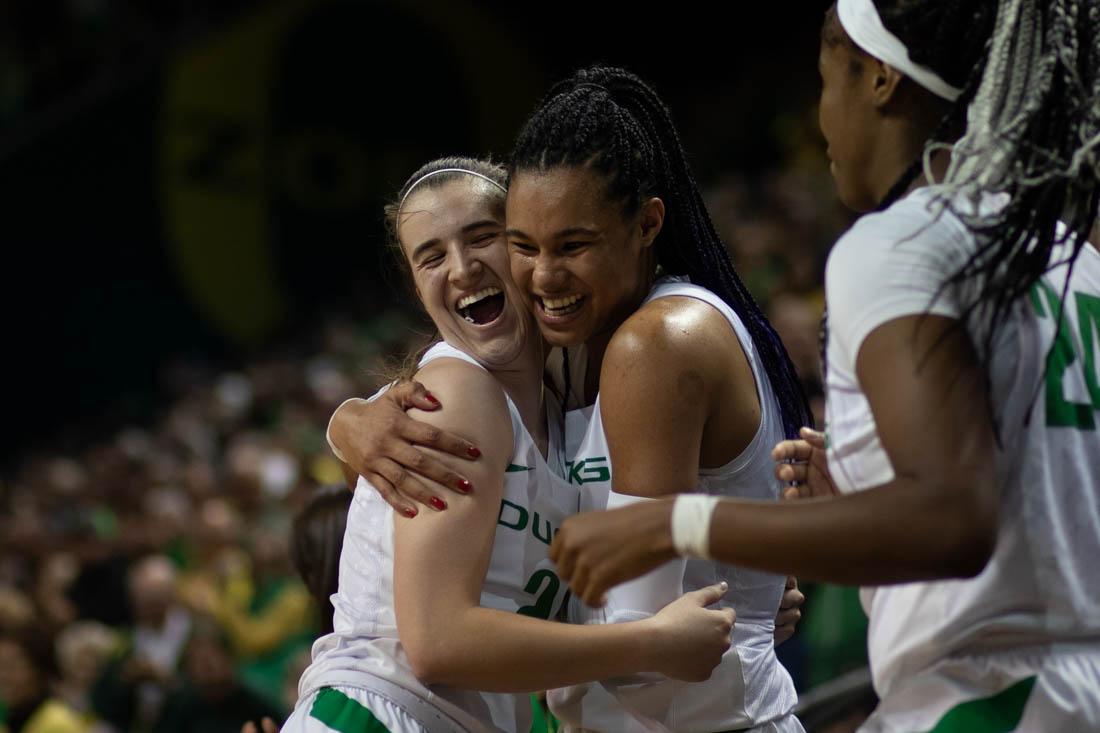 The Ducks celebrate the score. Oregon Ducks women&#8217;s basketball takes on Indiana University in the second round of the NCAA Championship at Matthew Knight Arena in Eugene, Ore. on March 24, 2019. (Devin Roux/Emerald)