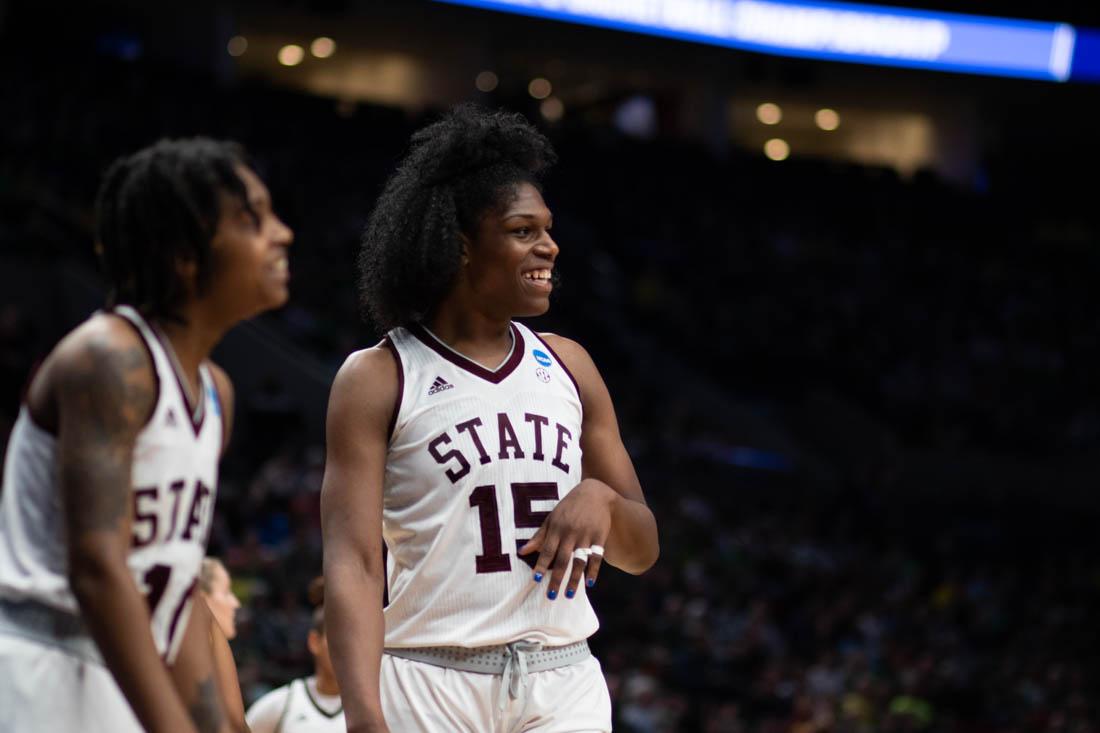 Mississippi State celebrates the score. Arizona State women&#8217;s basketball takes on Mississippi State at the Moda Center in Portland, Ore. on March 29, 2019. (Devin Roux/Emerald)