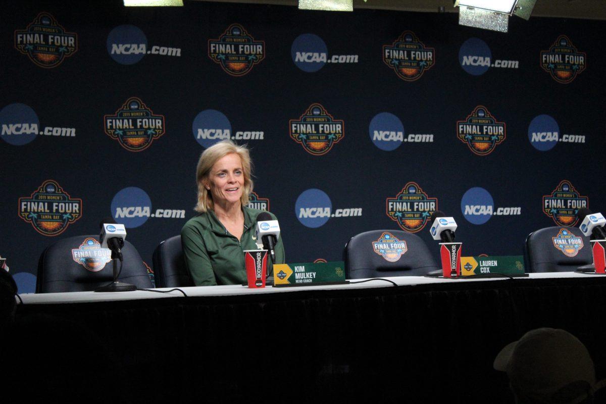 Baylor head coach Kim Mulkey addresses the media on Thursday April 4, 2019 in Tampa Bay, Florida, at the Final Four. (Maggie Vanoni/Emerald)