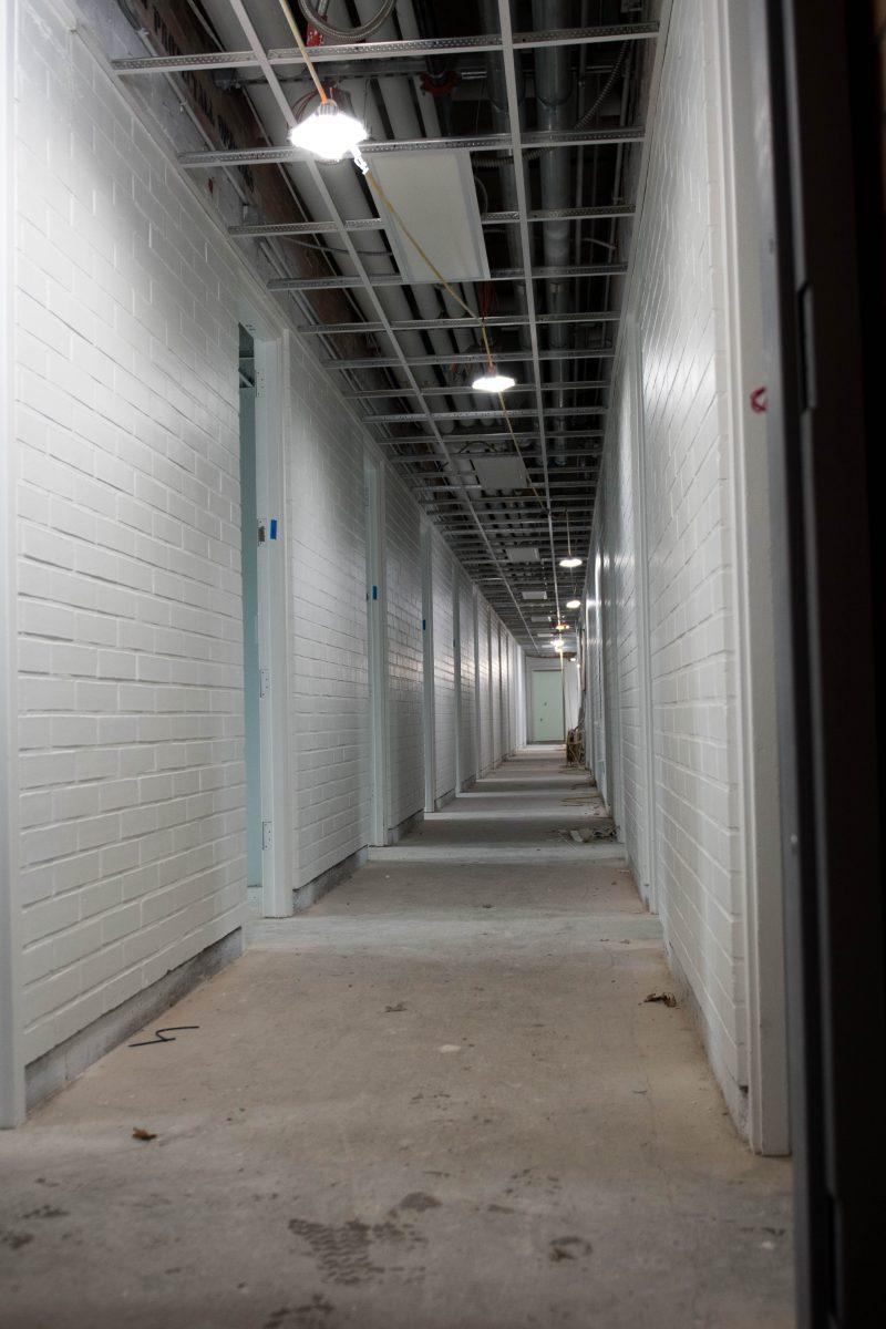 The first floor hallways in the residence hall are still under construction. Bean Hall at the University of Oregon is currently under construction and is on schedule to be completed for the fall term of 2019. Eugene, Ore. April 1, 2019. (Madi Mather/Emerald)