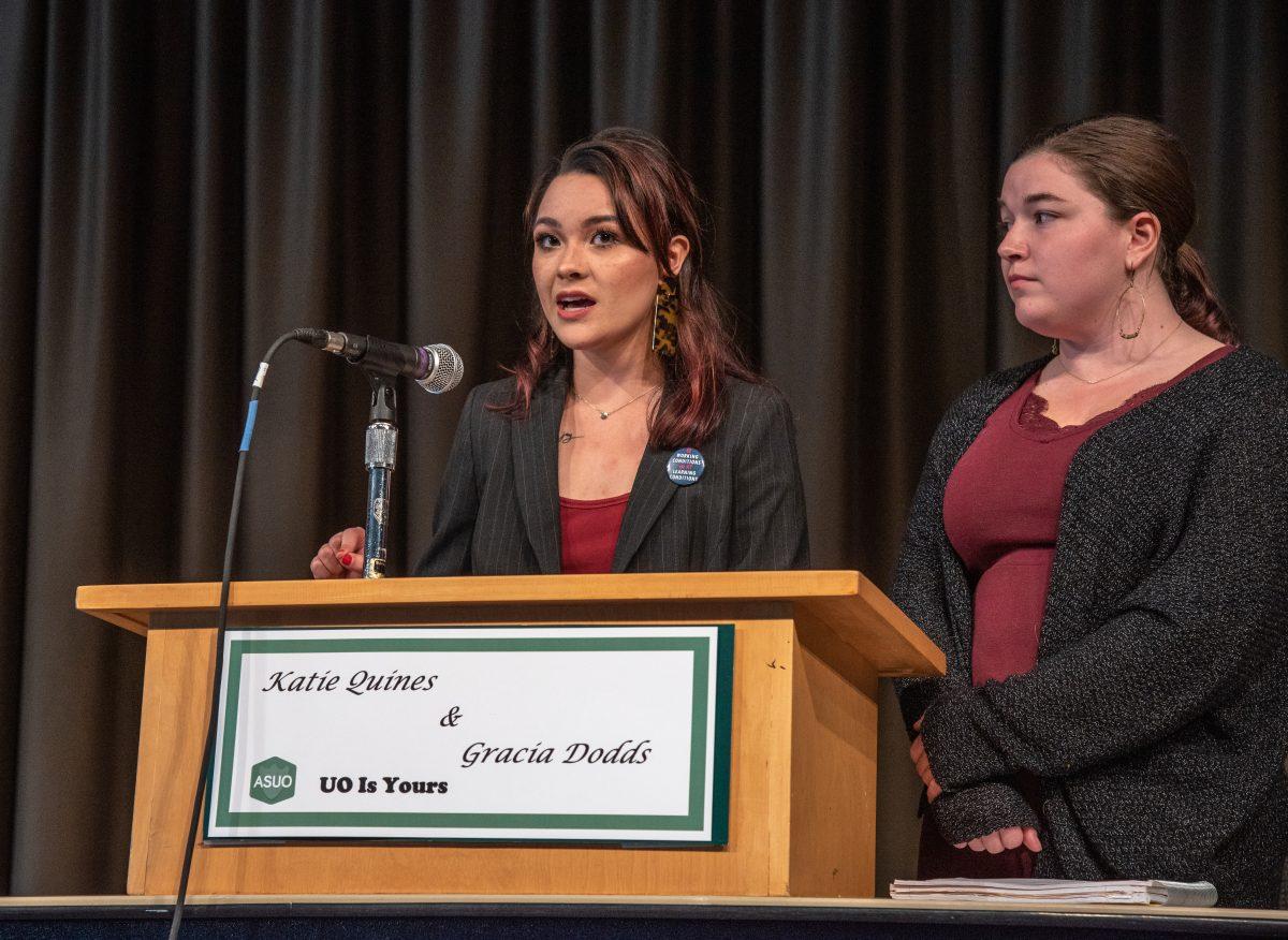 ASUO Presidential Candidate Katie Qu&#237;nes speaks at the ASUO debate. (Henry Ward/Emerald)