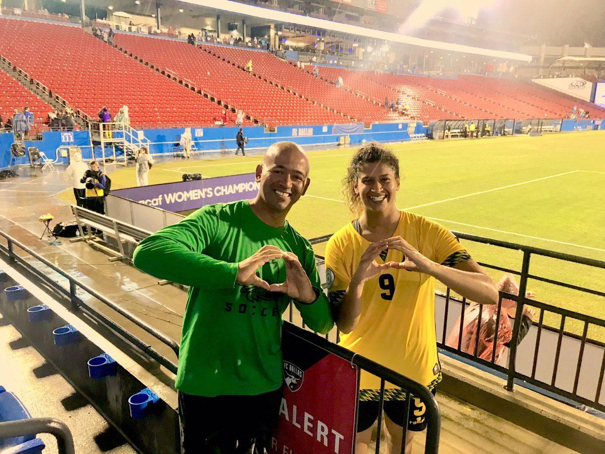 Oregon soccer associate head coach Manny Martins poses with Marlo Sweatman at the CONCACAF Cup (photo courtesy of Marlo Sweatman).&#160;