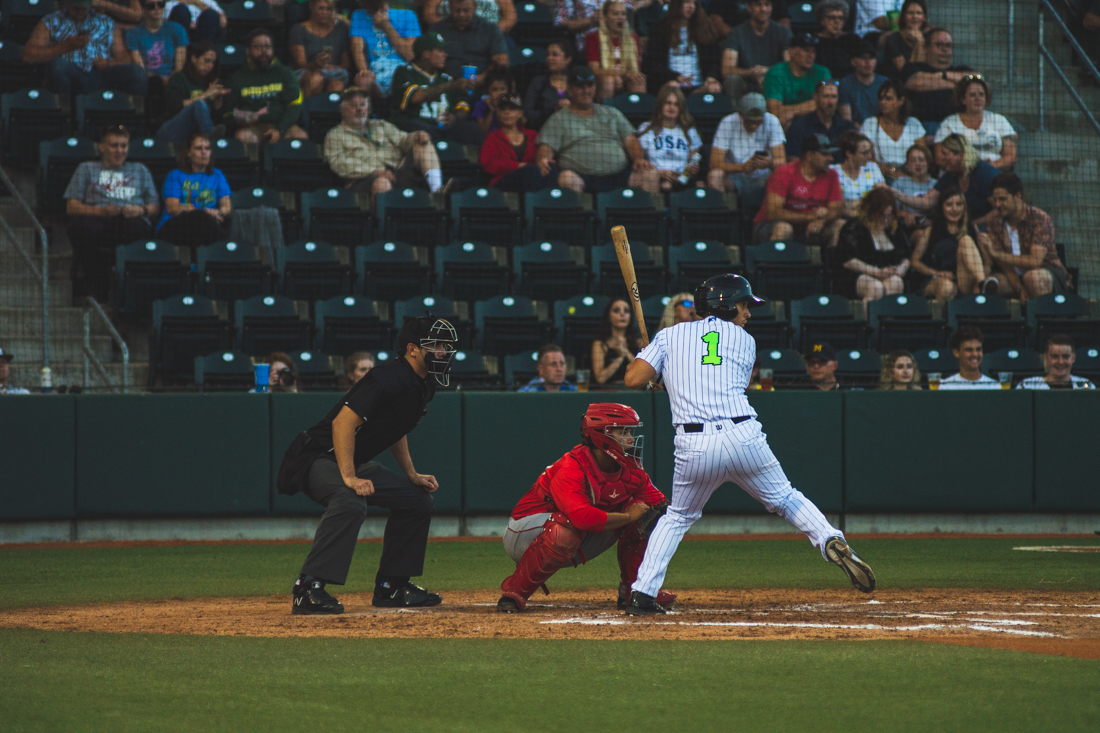 <p>Eugene Emeralds outfielder Darius Hill (1) prepares to strike the ball. The Eugene Emeralds play Spokane at PK Park in Eugene, Ore. on August 1, 2019. (Brad Smith/Emerald)</p>