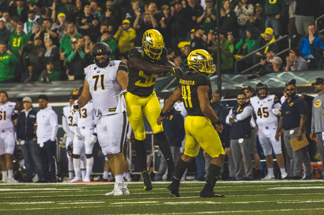 Ducks inside linebacker Isaac Slade-Matautia (41) celebbrates a sack in the fourth quarter. Oregon Ducks Football takes on University of California at Autzen Stadium in Eugene, Ore. on Oct. 5, 2019. (DL Young/Emerald)