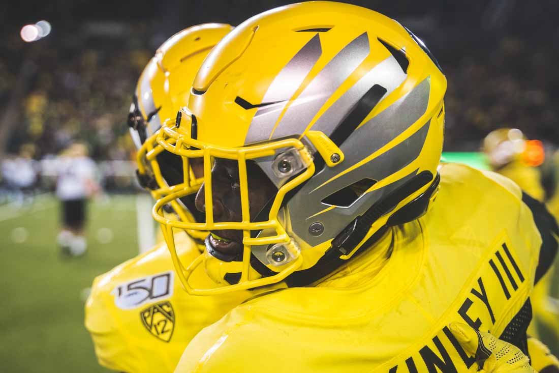 Ducks cornerback Verone McKinley III (23) embraces his teammate in celebration. Oregon Ducks Football takes on the Colorado Buffaloes at Autzen Stadium in Eugene, Ore. on Oct. 11, 2019. (DL Young/Emerald)