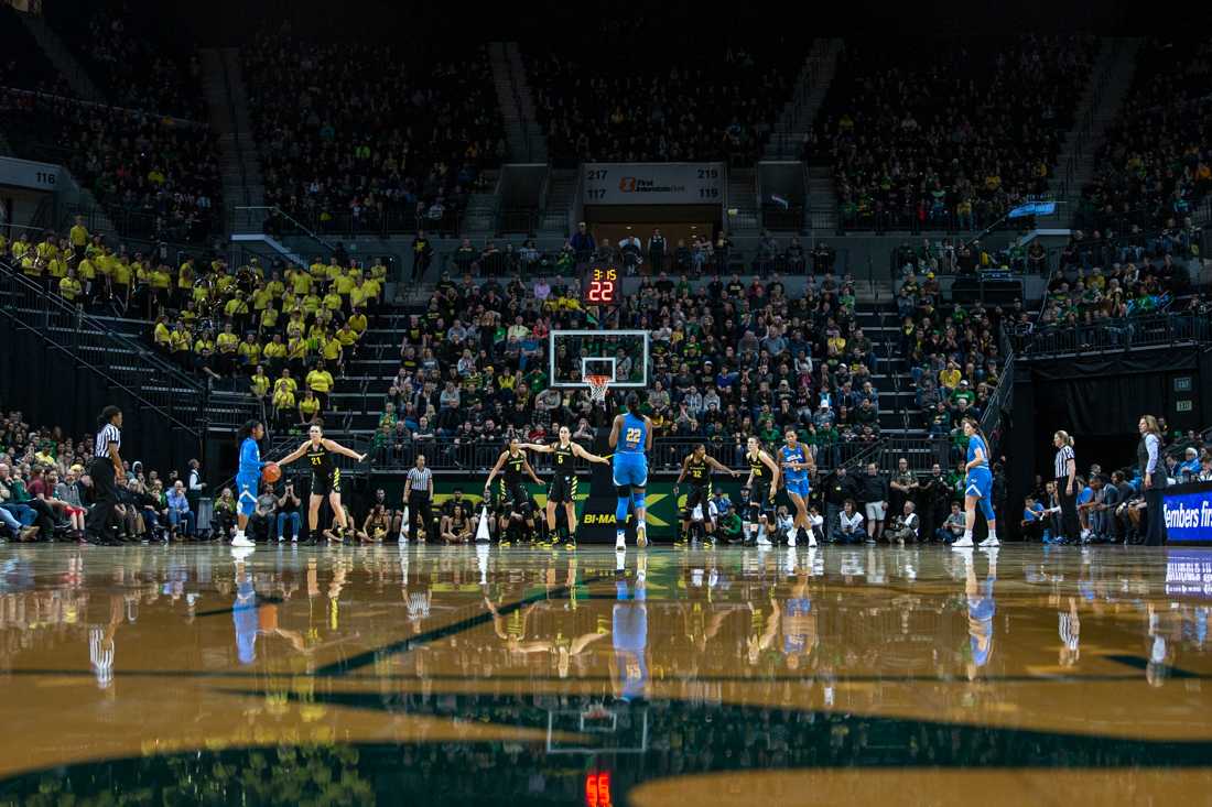 Ducks players drive towards their basket when they get possession of the ball. Oregon Ducks women&#8217;s basketball takes on UCLA at Matthew Knight Arena in Eugene, Ore. on February 22, 2019. (Maddie Knight/Emerald)