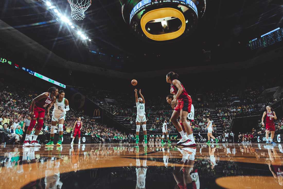 <p>Ducks guard Minyon Moore (23) makes a free throw. Oregon Ducks Women's Basketball kicks off the season by taking on the USA Women's National Team at Matthew Knight Arena in Eugene, Ore. on Nov. 9, 2019. (Sarah Northrop/Emerald)</p>