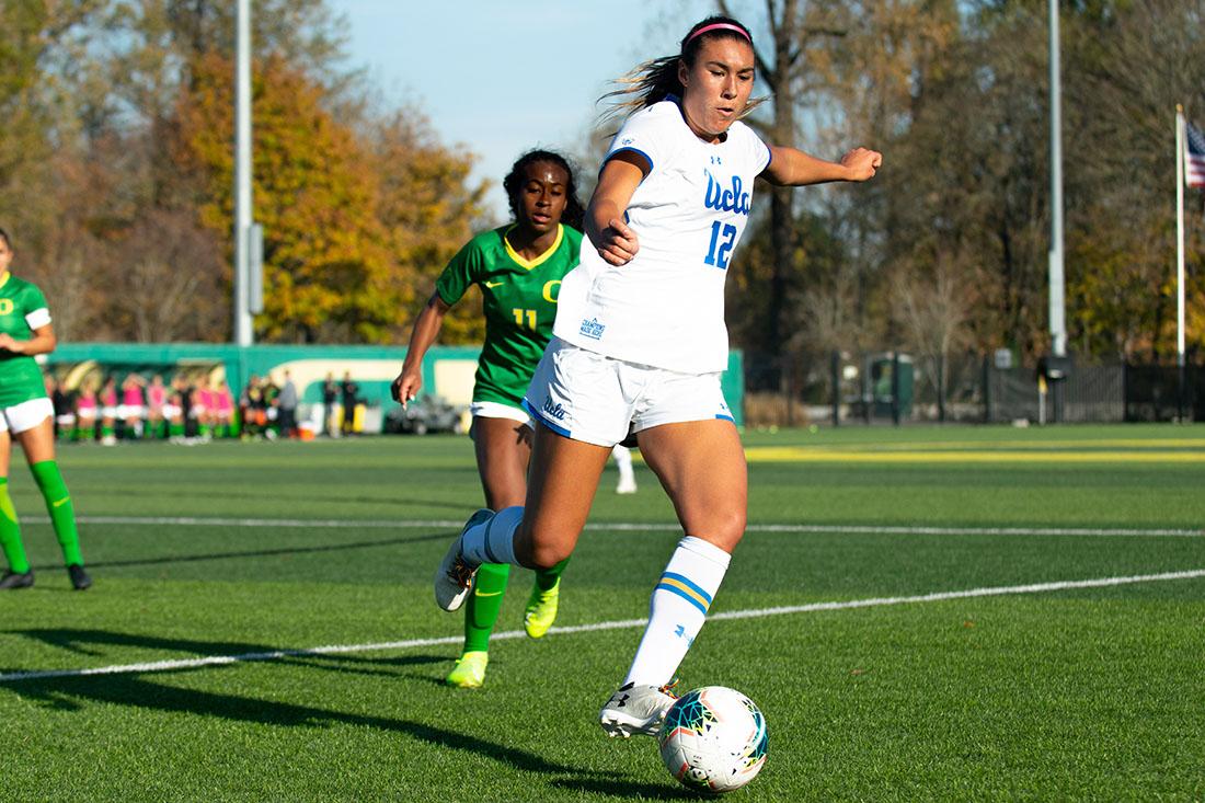 The Bruins challenge the Ducks to take control of the ball. Ducks Soccer take on the University of California Bruins at Pap&#233; Field in Eugene Ore. on Nov. 3, 2019. (Kimberly Harris/Emerald)