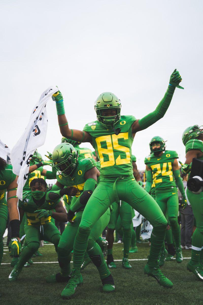 Ducks wide reciever Jr Waters (85) dances to shout. Oregon Ducks football takes on Oregon State for the Civil War game at Autzen Stadium in Eugene, Ore. on Nov. 30, 2019. (DL Young/Emerald)