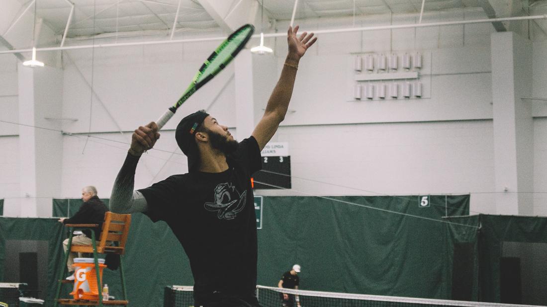 <p>Ducks junior Ty Gentry serves the ball. Oregon Ducks men’s tennis takes on Boise State University at the Student Tennis Center in Eugene, Ore. on Feb. 08, 2019. (Connor Cox/Emerald)</p>