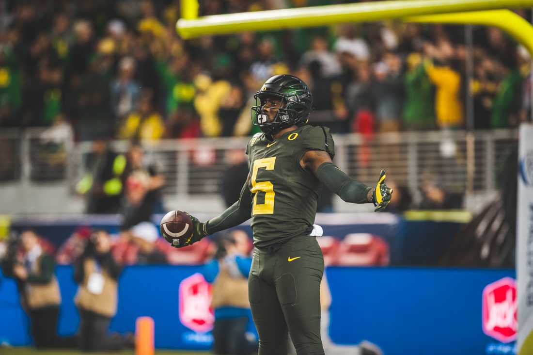 <p>Ducks wide reciever Juwan Johnson (6) celebrates after a long gain. Oregon Ducks football takes on Utah for the Pac 12 Championship game at Levi's Stadium in Santa Clara, Calif. on Dec. 6, 2019. (DL Young/Emerald)</p>