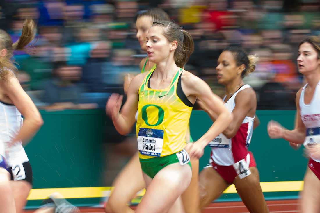 Oregon distance runner Samantha Nadel races in the 5000m final. The NCAA Track &amp; Field National Championships are held at Hayward Field in Eugene, Ore. on Saturday, June 9, 2018. (Adam/Emerald)