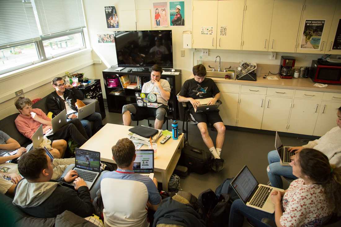 The Emerald sports desk meets during an all-staff meeting on April 21, 2019. (Sarah Northrop/Emerald)