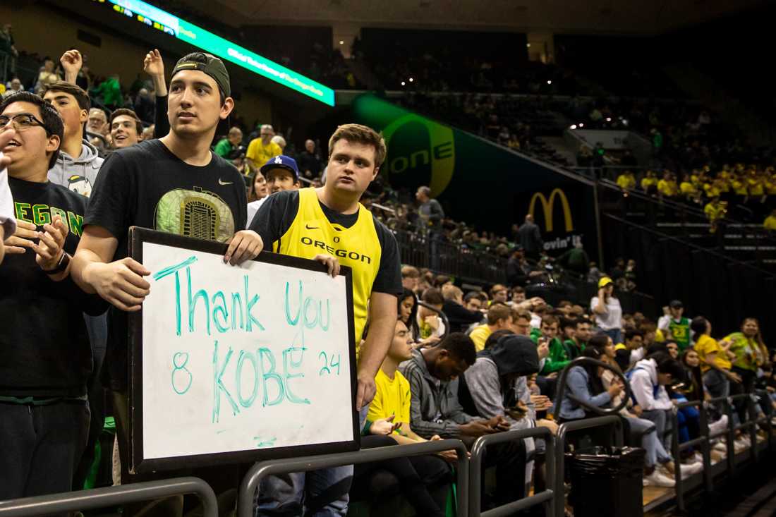 Fans hold up a sign to commemorate Kobe Bryant, who died that day. Oregon Ducks men&#8217;s basketball takes on the UCLA Bruins at Matthew Knight Arena in Eugene, Ore. on Jan. 26, 2020. (Maddie Knight/Emerald)