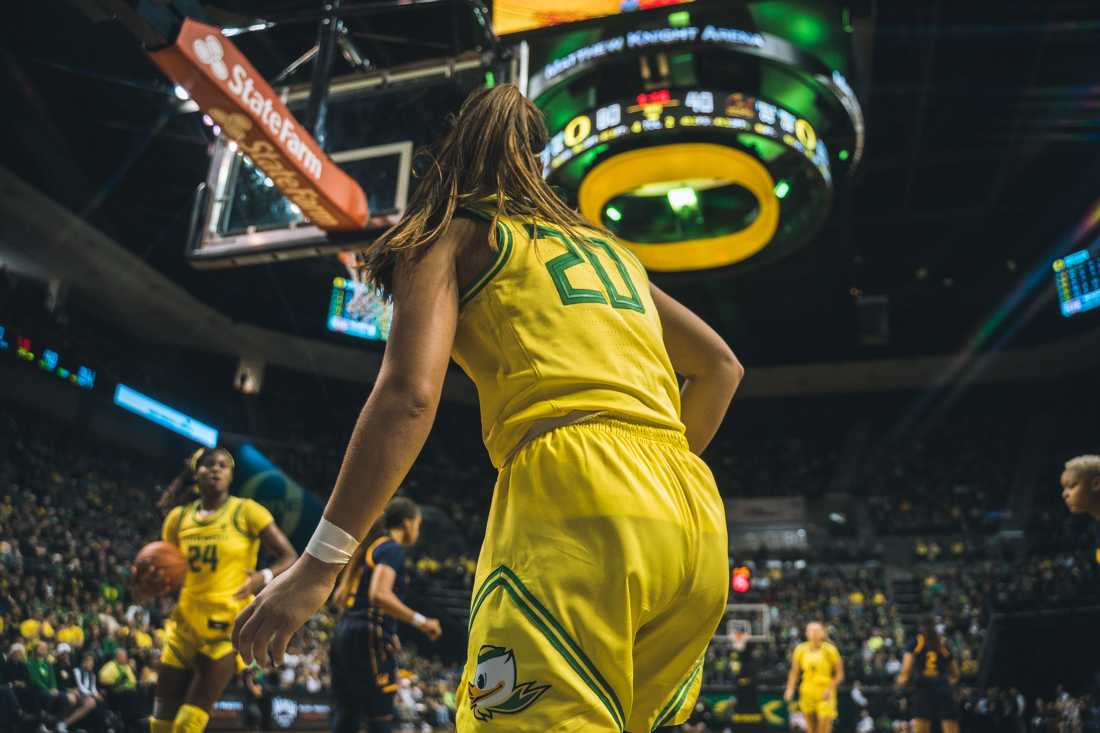 Ducks gaurd Sabrina Ionescu (20) looks back after her layup attempt. Oregon Ducks women's basketball takes on California at Matthew Knight Arena in Eugene, Ore. on Jan. 19, 2020. (DL Young/Emerald)