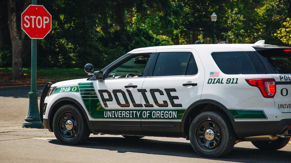 <p>A UOPD vehicle patrols campus during the 2018 summer term. (Sarah Northrop/Emerald)</p>