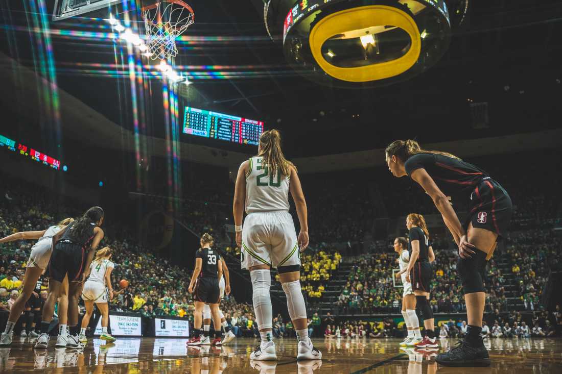 Ducks gaurd Sabrina Ionescu (20) takes a breather during a stoppage in time. Oregon Ducks women's basketball takes on Stanford at Matthew Knight Arena in Eugene, Ore. on Jan. 16, 2020. (DL Young/ Emerald)