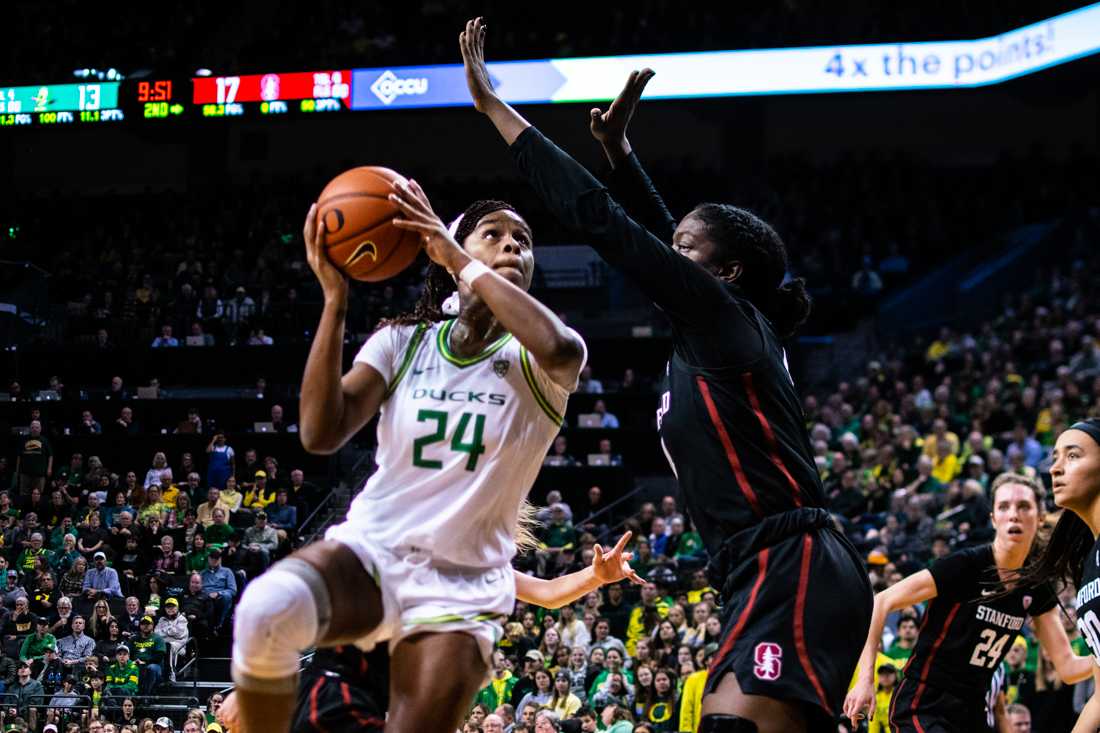 Ducks forward Ruthy Hebard (24) takes a shot. Oregon Ducks women's basketball takes on Stanford at Matthew Knight Arena in Eugene, Ore. on Jan. 16, 2020. (Kimberly Harris/Emerald)