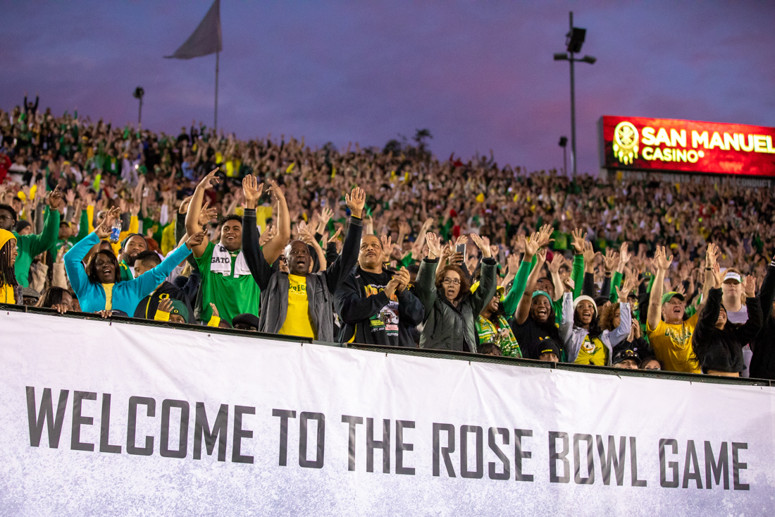 Oregon fans cheer during Shout. Oregon Ducks football takes on Wisconsin for the 106th Rose Bowl Game at Rose Bowl Stadium in Pasadena, Calif. on Jan. 1, 2020. (Maddie Knight/Emerald)