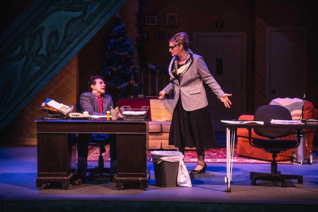 Actors Taelor Warner (Gloria Gurney) and Alex Mentzel (Joseph Douaihy) perform in the opening scene of the play. The University of Oregon Theatre's rendition of Sons of the Prophet on Jan. 7, 2020. (DL Young/Emerald)