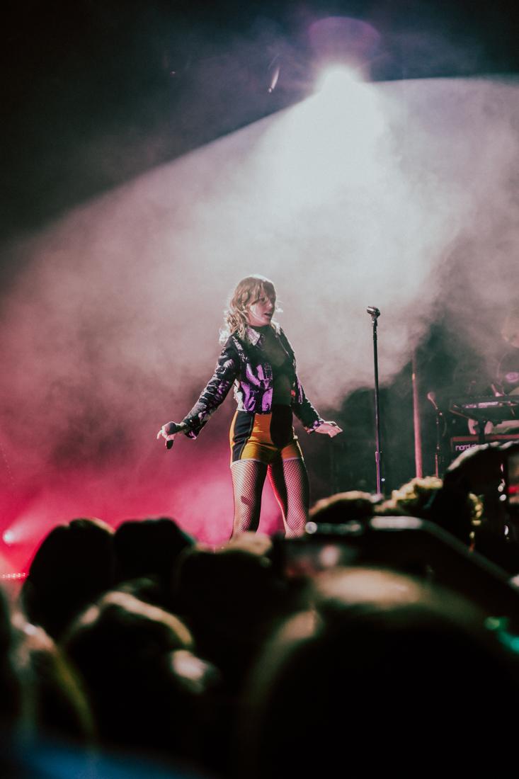 Tove Lo appears onstage, opening her show with "Glad He's Gone," the lead single off of her latest album, "Sunshine Kitty." Swedish dark-pop singer-songwriter Tove Lo's "Sunshine Kitty" tour sells out the Roseland Theater in Portland, Ore. on Feb. 25, 2020. (Sarah Northrop)