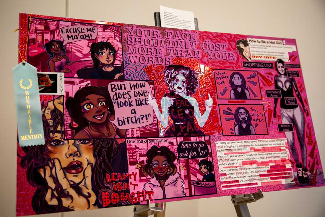 The All Sizes Fit Art Gala is displayed in the EMU on the University of Oregon campus in Eugene, Ore. on Feb. 25, 2020. The gala displays artwork created by UO students intended to increase body positivity and acceptance. (Maddie Knight/Emerald)