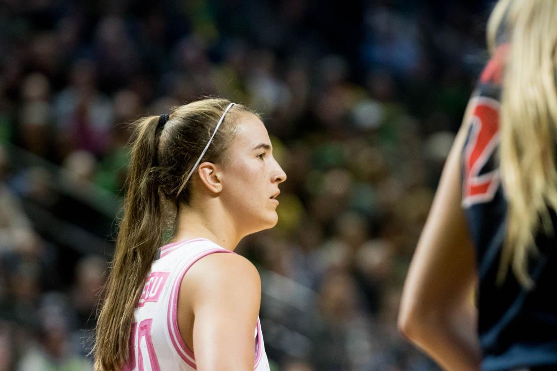 Sabrina Ionescu (20), a guard for the Ducks, prepares to make a drive down the court. The Oregon Ducks Women&#8217;s Basketball team defeats the Arizona Wildcats 85-52 on Feb. 7, 2020. (Madi Mather/Emerald)