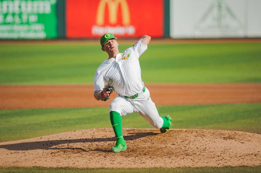 Ducks pitcher Nico Tellache (7) throws from the mound. Oregon Ducks baseball takes on the Nevada Wolf Pack at PK Park in Eugene, Ore. on Feb. 22, 2020. (DL Young/ Emerald)