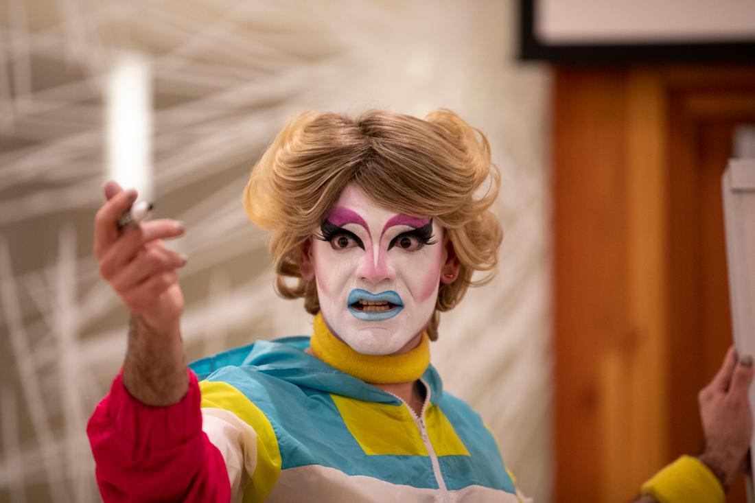 Carla Rossi takes an interactive approach to her workshop, encouraging a conversation rather than a lecture. Carla Rossi, a well-known Portland drag queen hosts a workshop and lecture at the Museum of Natural and Cultural History on the University of Oregon campus in Eugene, Ore. on February 19, 2020. (Maddie Knight/Emerald)