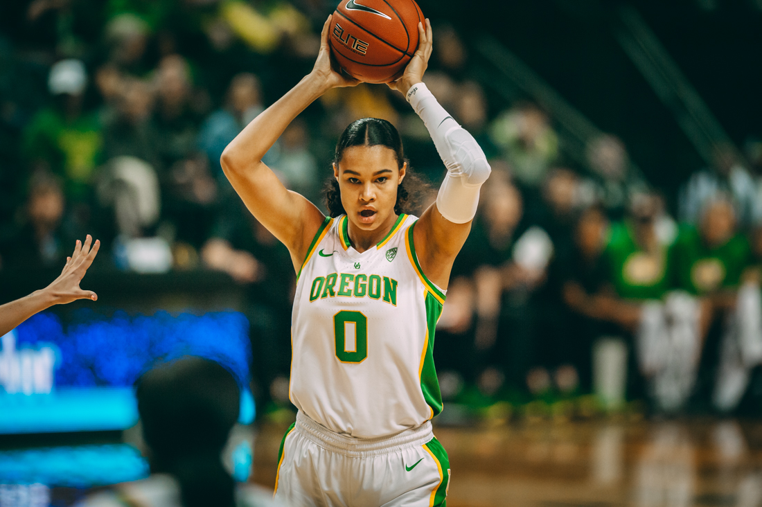 Ducks forward Satou Sabally (0) looks to pass. Oregon Ducks women&#8217;s basketball takes on University of Washington at the Matthew Knight Arena in Eugene, Ore. on Mar 1, 2020. (DL Young/Emerald)