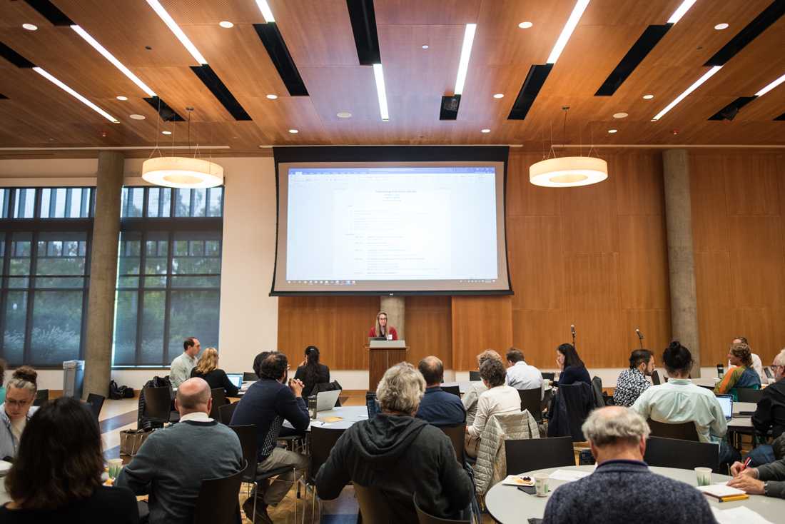 UO Senate President Elizabeth Skowron welomes the crowd to the orientation. The University of Oregon Senate holds its orientation at the Ford Alumni Center on Oct. 2, 2019. (Marissa Willke/Emerald)