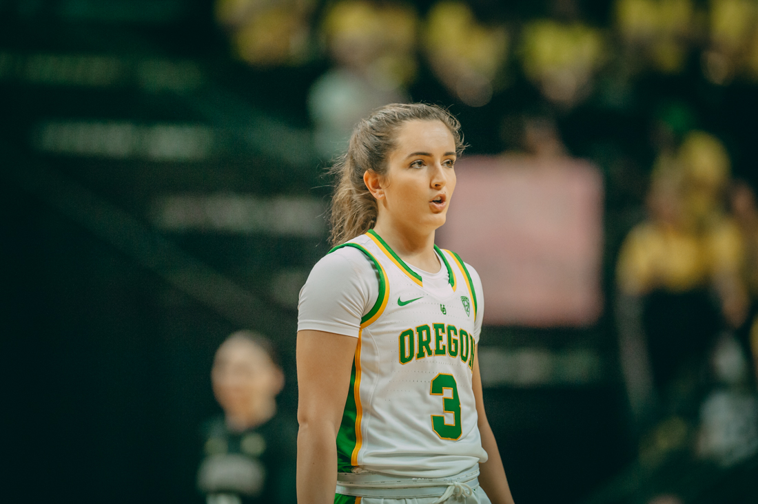 <p>Ducks guard Taylor Chavez (3) talks to her teammates during a break in play. Oregon Ducks women’s basketball takes on University of Washington at the Matthew Knight Arena in Eugene, Ore. on Mar 1, 2020. (DL Young/Emerald)</p>