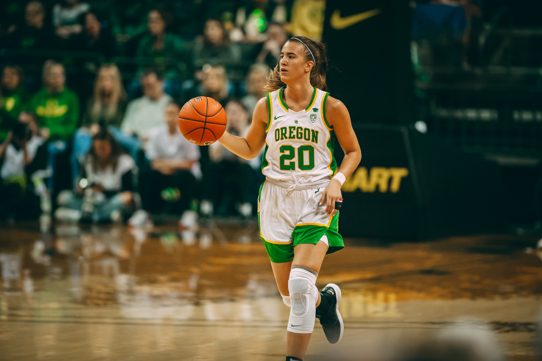 Ducks guard Sabrina Ionescu (20) takes the ball down the court. Oregon Ducks women&#8217;s basketball takes on University of Washington at the Matthew Knight Arena in Eugene, Ore. on Mar 1, 2020. (DL Young/Emerald)