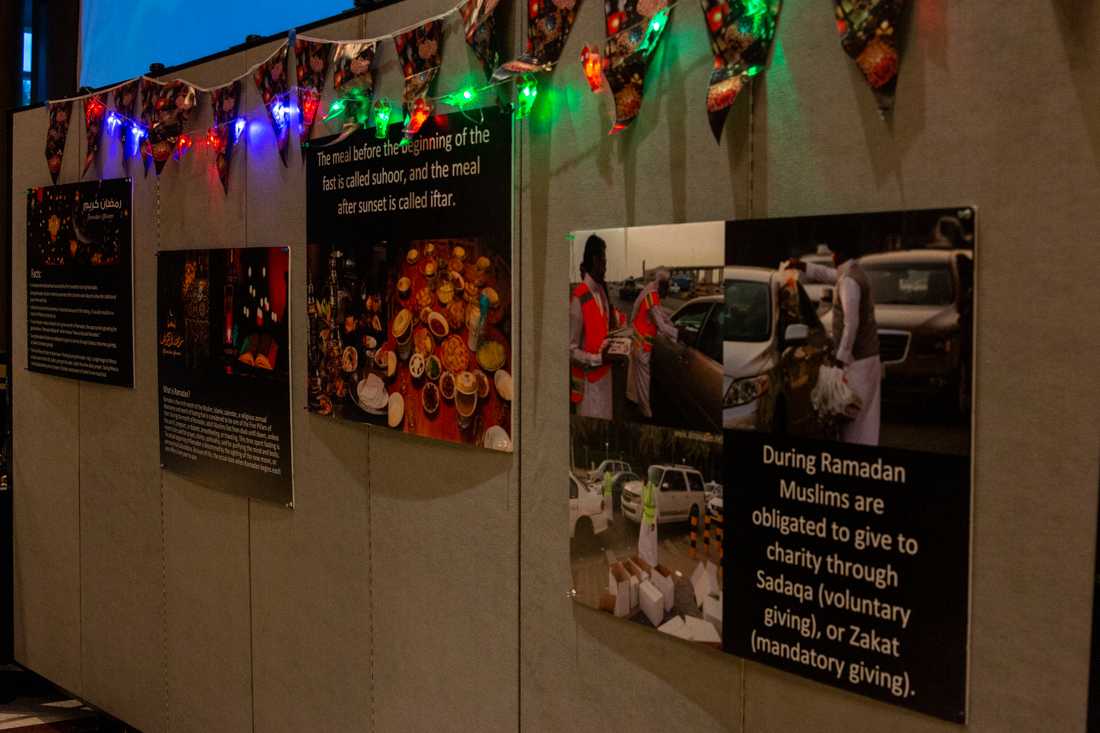 Informational displays about Ramadan sit along the walls of the Ford Alumni Center ballroom. The Muslim Student Association and the Saudi Student Association host Ramadan Iftar at the Ford Alumni Center in Eugene Ore. on May 24, 2019. (Maddie Knight/Emerald)