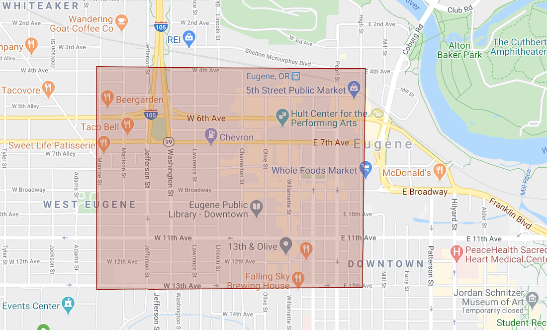 The shaded area of Eugene will be under curfew starting 9 p.m. Saturday. (Google Maps/Zack Demars)