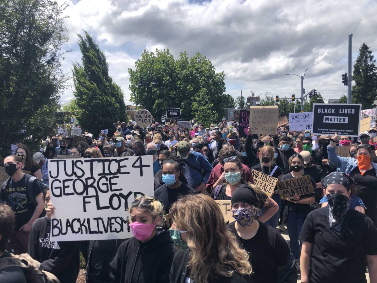 Protesters march through Eugene, Oregon, demanding justice for the killing of George Floyd in Minneapolis, Minnesota. 