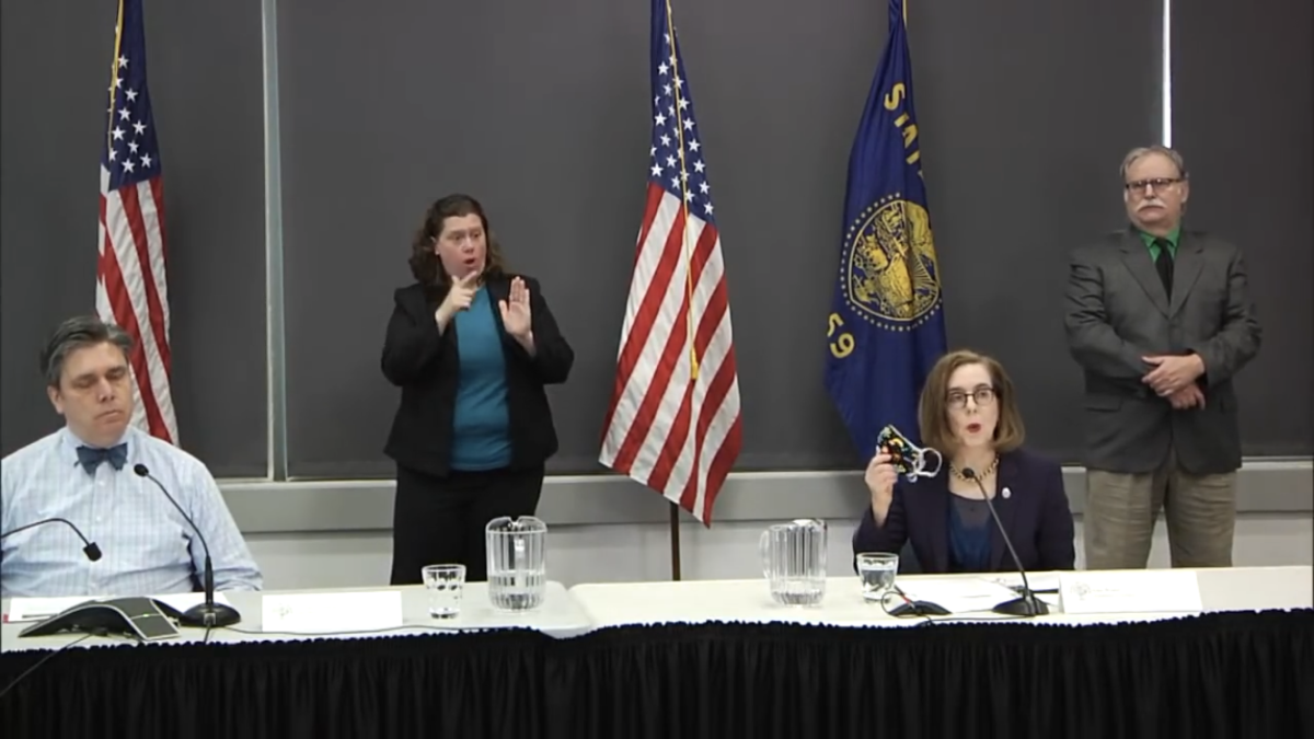 Oregon Gov. Kate Brown at a July 1 press conference.