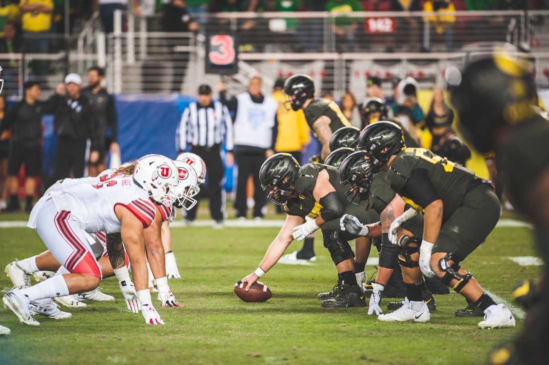 Both teams linne up pre snap. Oregon Ducks football takes on Utah for the Pac 12 Championship game at Levi's Stadium in Santa Clara, Calif. on Dec. 6, 2019. (DL Young/Emerald)