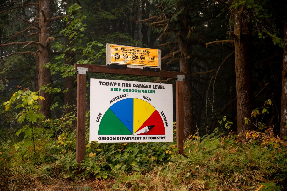 A sign marks Oregon&#8217;s fire danger level as &#8220;Extreme.&#8221; The Holiday Farm Fire, one of the largest current wildfires in Oregon, began on Sep. 7, 2020 and has burned through multiple Oregon cities in over one week. The fire is still burning through Lane County, Ore. on Sep. 16, 2020. (Maddie Knight/Emerald)