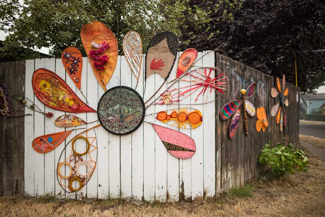 This installation gives the community an outlet to process current world crises in a creative format. Reflections Space, an art installation created by Eug-Art 404, the City of Eugene Cultural Services BRIDGE Exhibitions and community members, is displayed on the southwest corner of River Road and Briarcliff Road in Eugene, Ore. (Marissa Willke/Emerald)