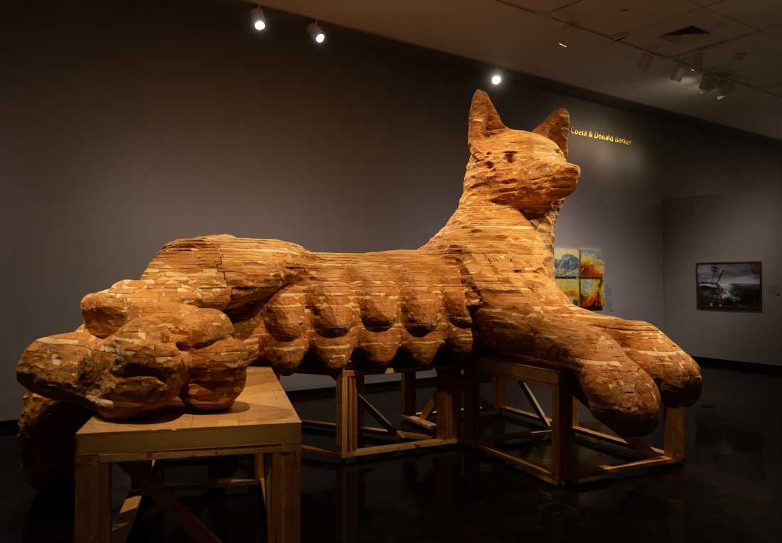 &#8220;Companion Species (Underbelly)&#8221; is a cedar sculpture by Marie Watt. It is featured in the Jordan Schnitzer Museum of Art&#8217;s Barker Gallery as part of the &#8220;Hallie Ford Fellows&#8221; exhibition. After closing in the spring due to the COVID-19 pandemic, the JSMA recently reopened its doors to the public. (Summer Surgent-Gough/Emerald)